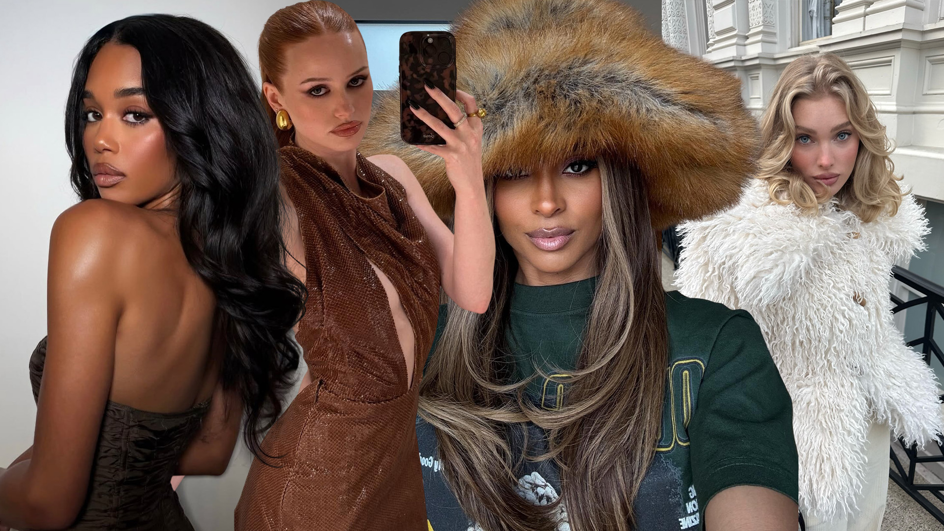A collage of Laura Harrier, Madelaine Petsch, Ciara, and Elsa Hosk with trending winter hair colors.