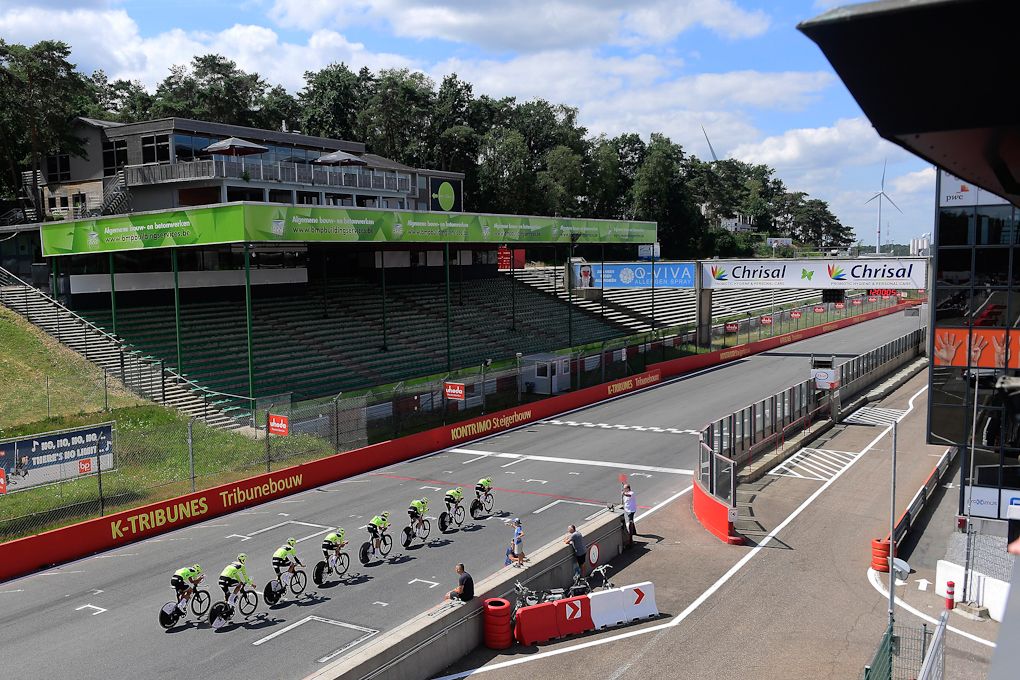 Trek-Segafredo practice their team time trial on an auto circuit in Zolder