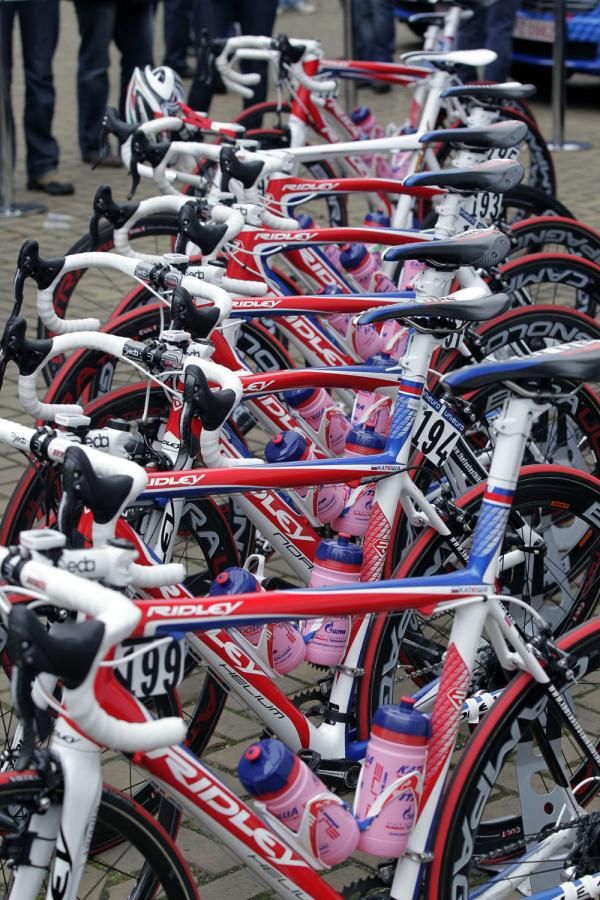 Katusha's bikes lined up at the start