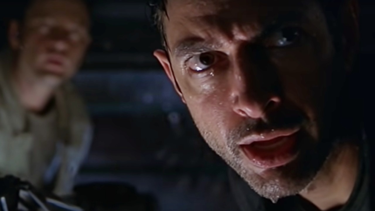 Vince Vaughtn Und Jeff Goldblum Sehen In Einem Wohnmobil In The Lost World: Jurassic Park Verängstigt Aus.