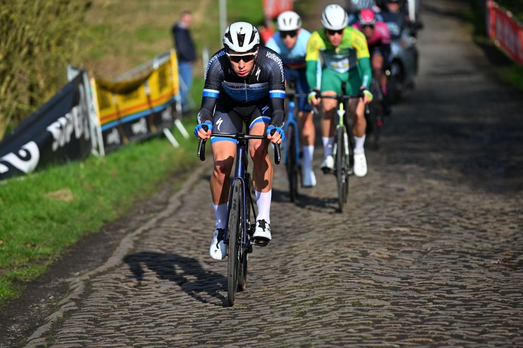 DOUR BELGIUM FEBRUARY 27 Stijn Daemen of The Netherlands and VolkerWessels Cycling Team competes in the breakaway during the 56th Le Samyn 2024 a 2043km one day race from Quaregnon to Dour on February 27 2024 in Dour Belgium Photo by Luc ClaessenGetty Images