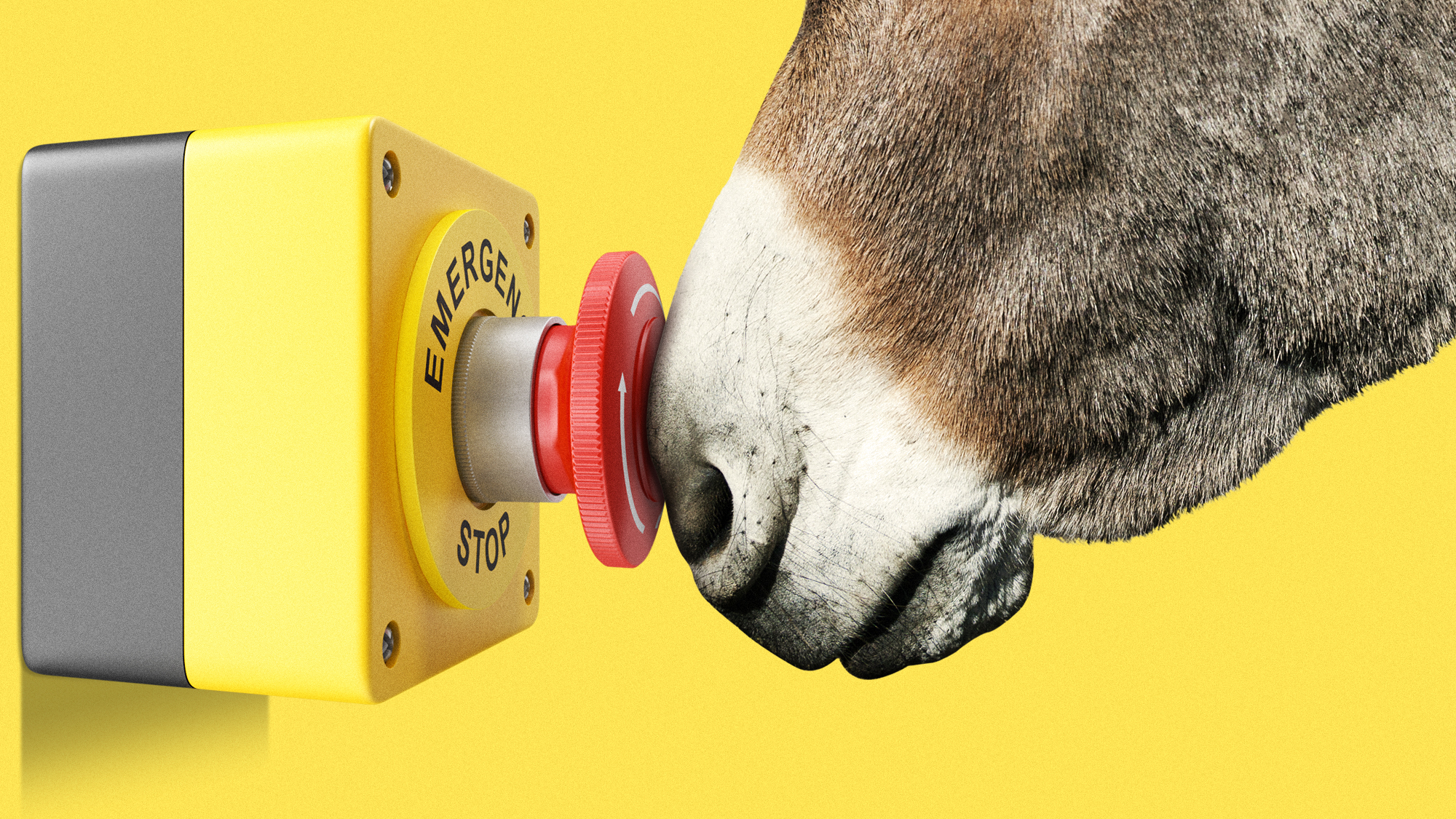 Illustration of a Democratic donkey pushing an emergency stop button