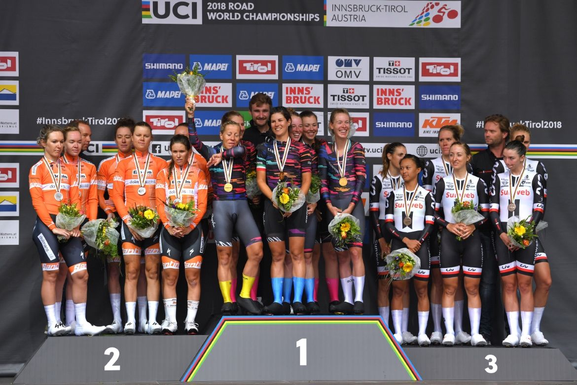 Canyon-SRAM flanked by Boels Dolmans and Sunweb.