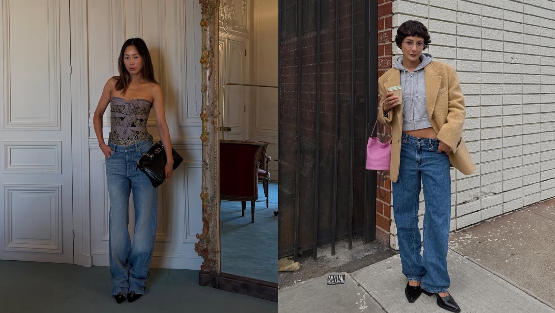 Aimee Song and Alyssa Coscarelli in baggy jeans.