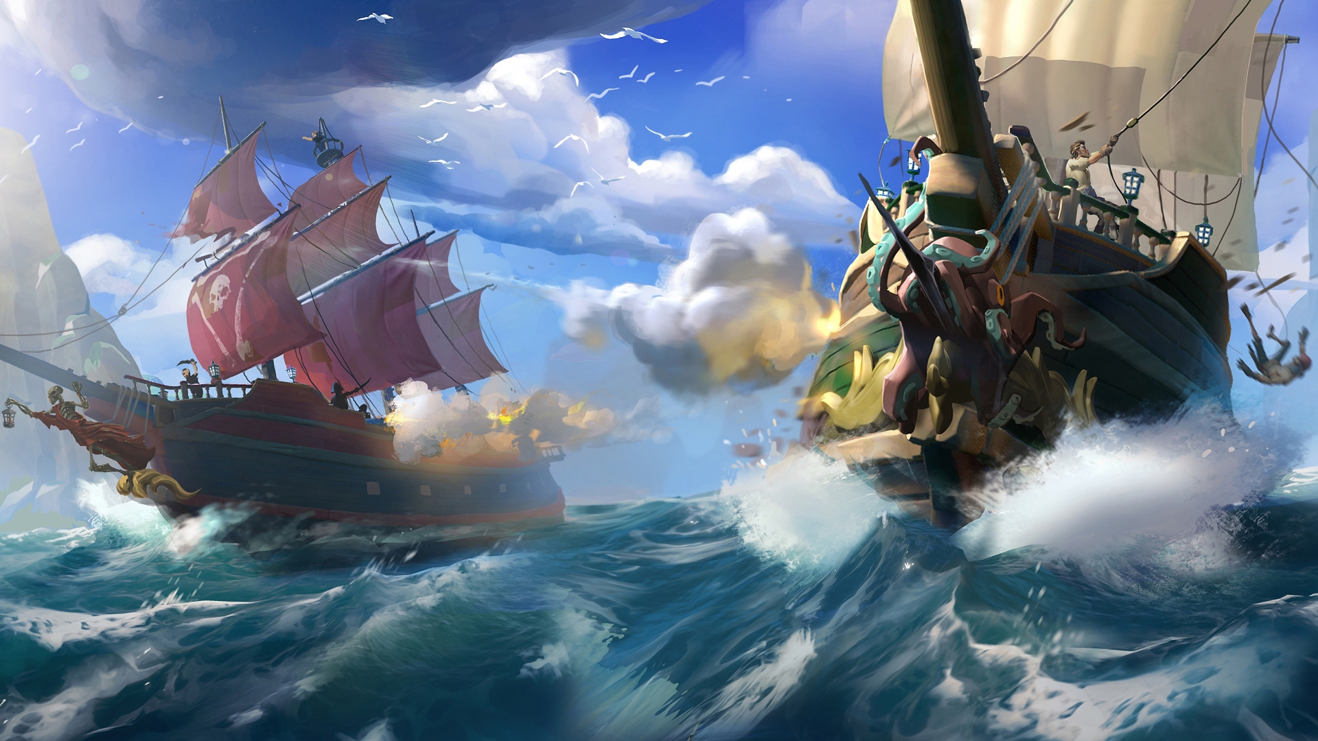 best co-op games: two large ships on a choppy sea in Sea of Thieves