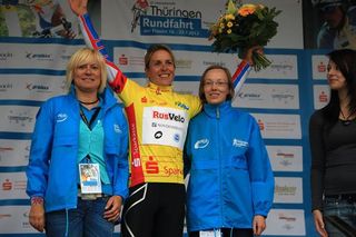 Hanka Kupfernagel (RusVelo) in the Internationale Thüringen Rundfahrt der Frauen leader's jersey following her prologue victory.
