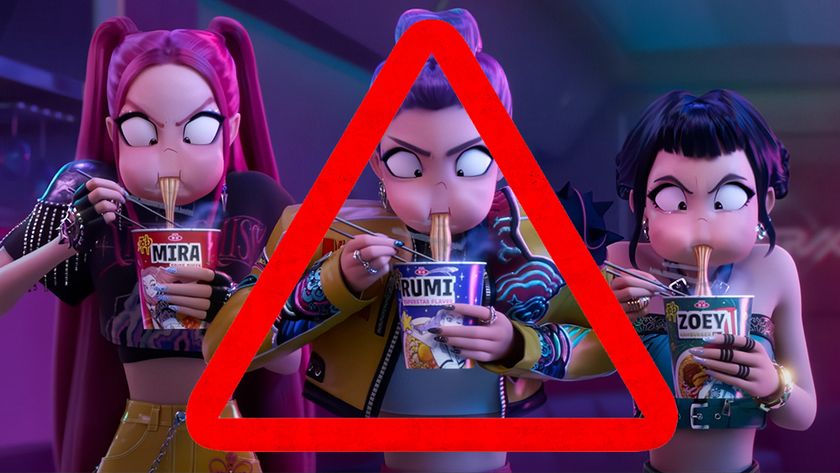 KPop Demon Hunters eating ramen with a triangle danger sign over the image
