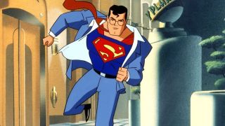 Superman taking off his clothes to save the day in Superman TAS