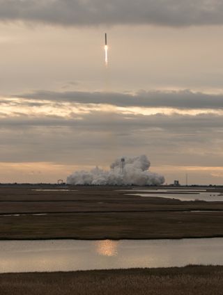 An Orbital ATK Antares rocket launches a Cygnus cargo ship carrying NASA cargo toward the International Space Station from NASA's Wallops Flight Facility on Wallops Island, Virginia on Nov. 12, 2017.