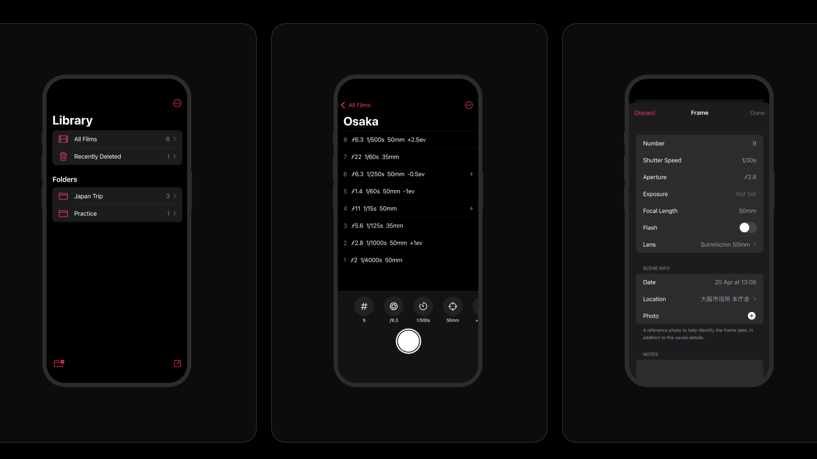 Three smartphone screens displaying a photo management app, showing film library, detailed settings for a shot, and capture info