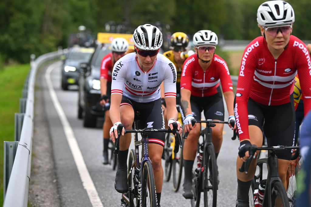 LARVIK NORWAY AUGUST 25 Carina Schrempf of Austria and Team FenixDeceuninck competes the 9th Tour of Scandinavia 2023 Battle Of The North Stage 3 a 1349km stage from Kongsberg to Larvik UCIWWT on August 25 2023 in Larvik Norway Photo by Luc ClaessenGetty Images