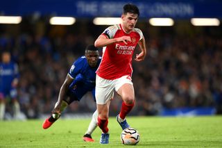 Declan Rice on the ball for Arsenal against Chelsea in October 2023.