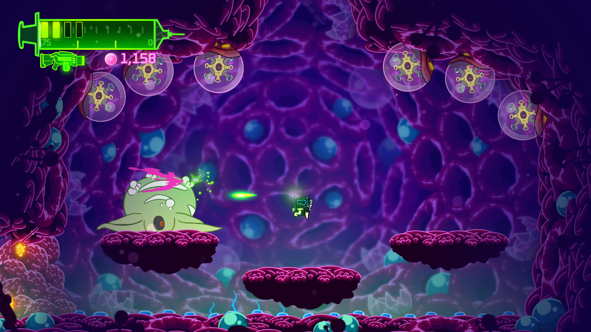 BioGun - a small character fights a much larger enemy on platforms