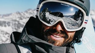 Man wearing Vallon Freebirds ski goggles