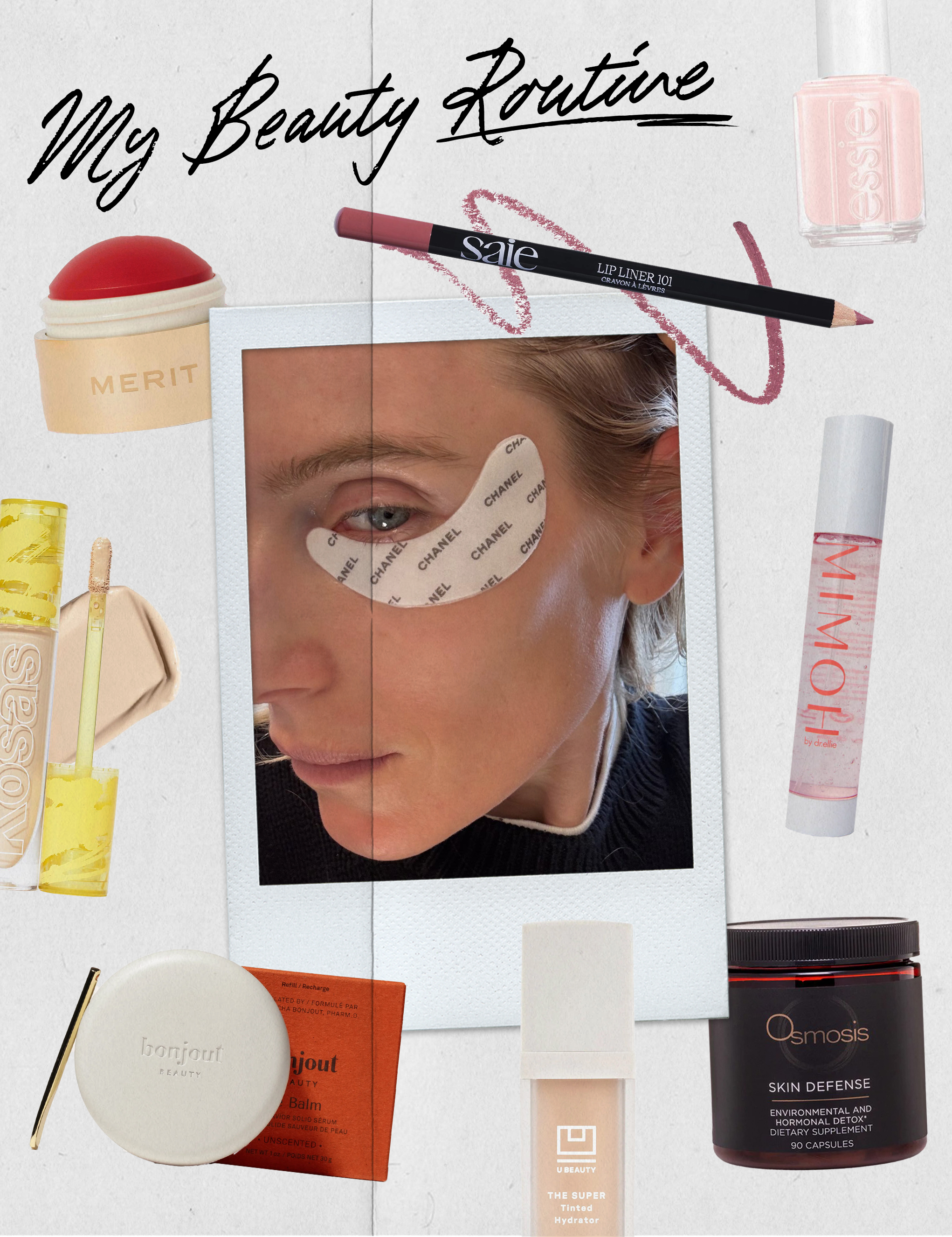 Collage of Dree Hemingway's beauty routine for My World.