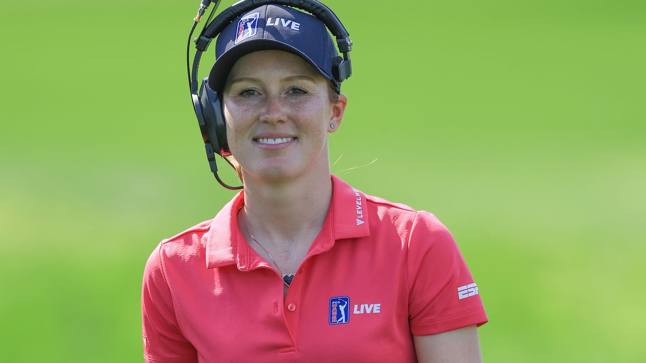 Golf broadcaster and amateur player Emilia Migliaccio covering golf on the course