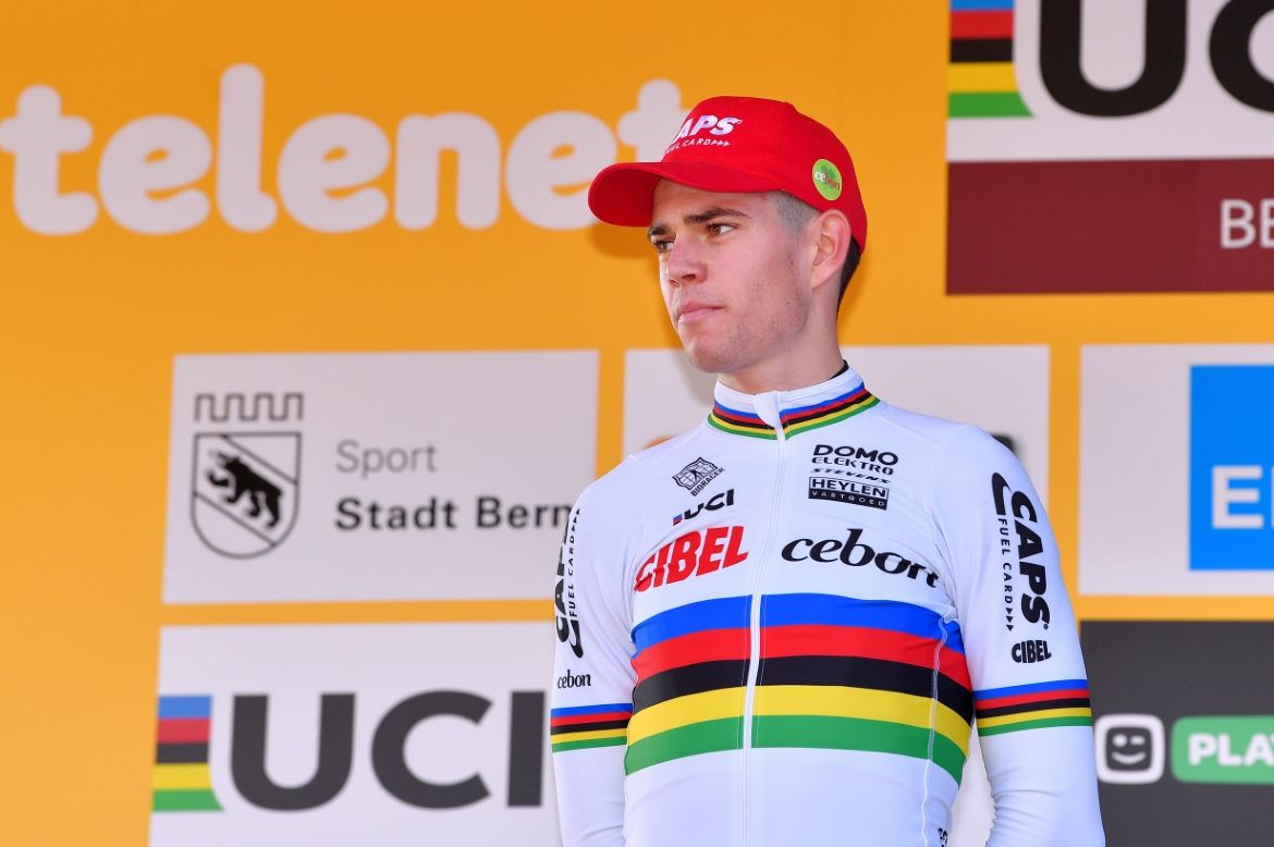 An unhappy Wout van Aert on the podium