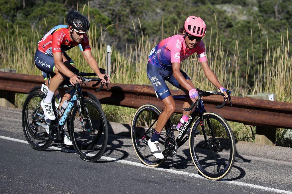 Lachlan Morton and Haydn McCormick ride toward the finish of stage 5 at the Tour of Utah