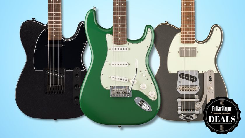 A Fender Stratocaster and two Squier Telecasters on a light blue background
