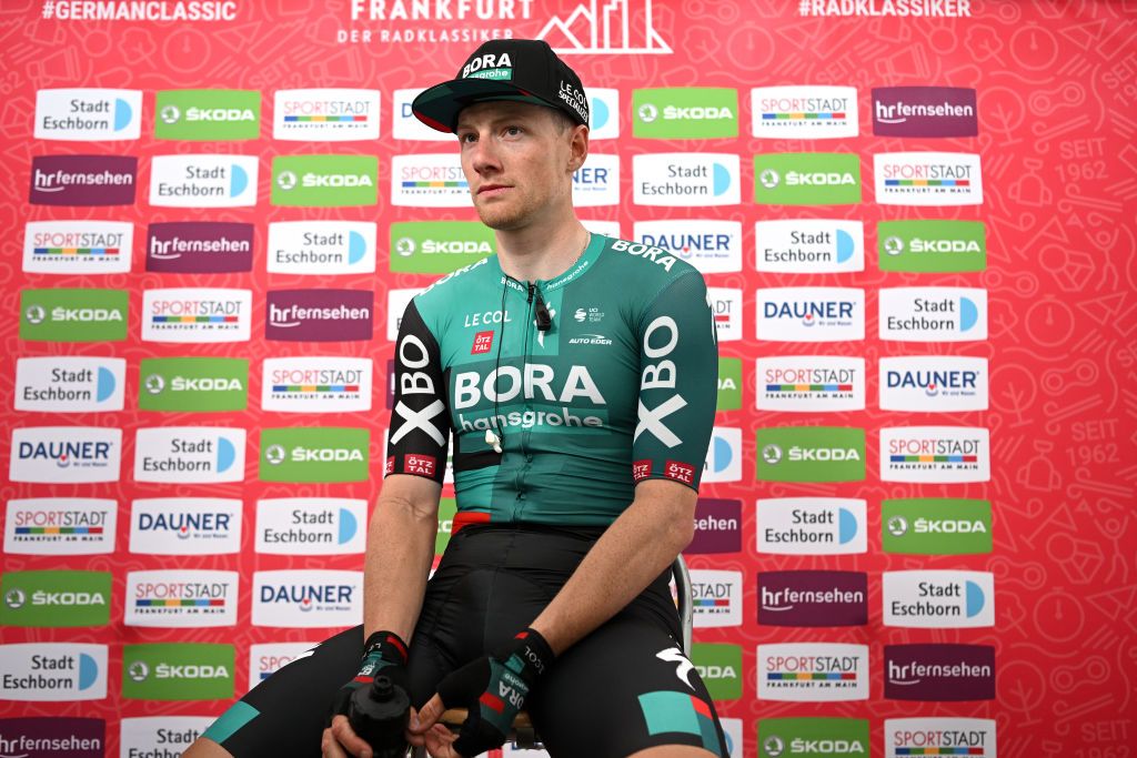 FRANKFURT AM MAIN GERMANY MAY 01 Race winner Sam Bennett of Ireland and Team Bora Hansgrohe meets the media press at podium after the 59th EschbornFrankfurt 2022 a 185km one day race from Eschborn to FrankfurtamMain WorldTour on May 01 2022 in Frankfurt am Main Germany Photo by Stuart FranklinGetty Images