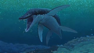 Life reconstruction of Lorrainosaurus swimming in the water