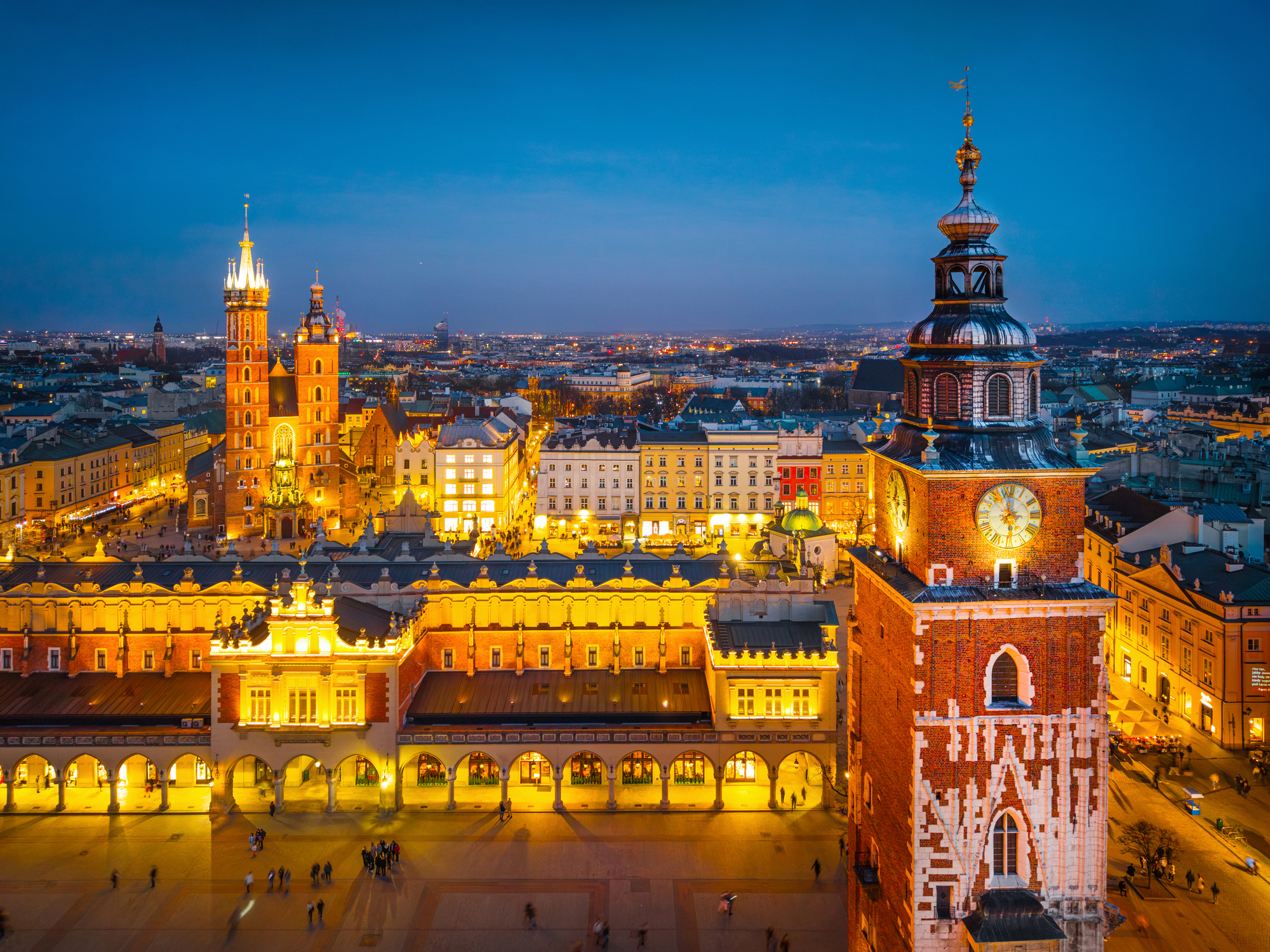 Town Hall Tower and St Marys Basilica on Main Market Square in Krakow Poland
