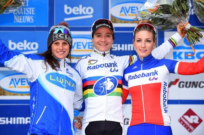 The women's podium in Zolder: Katerina Nash, Marianne Vos, Pauline Ferrand-Prevot