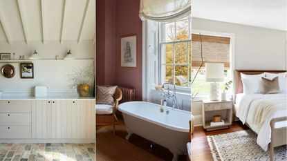 neutral kitchen, pink traditional bathroom and white bedroom