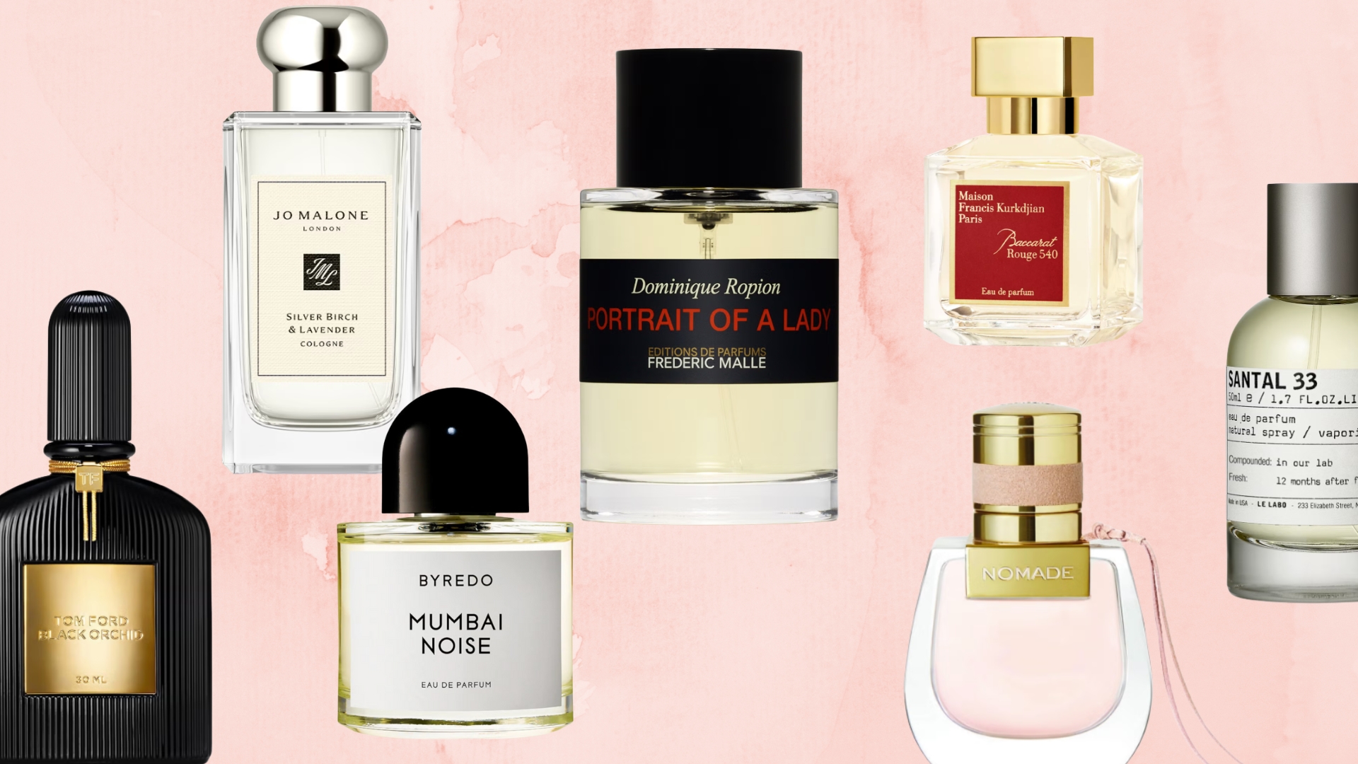 A selection of the best long-lasting perfumes from brands including Tom Ford, Jo Malone, Byredo, Frédéric Malle, Maison Francis Kurkdjian, Chloe and Le Labo/ featured on a pink watercolour paint-style template