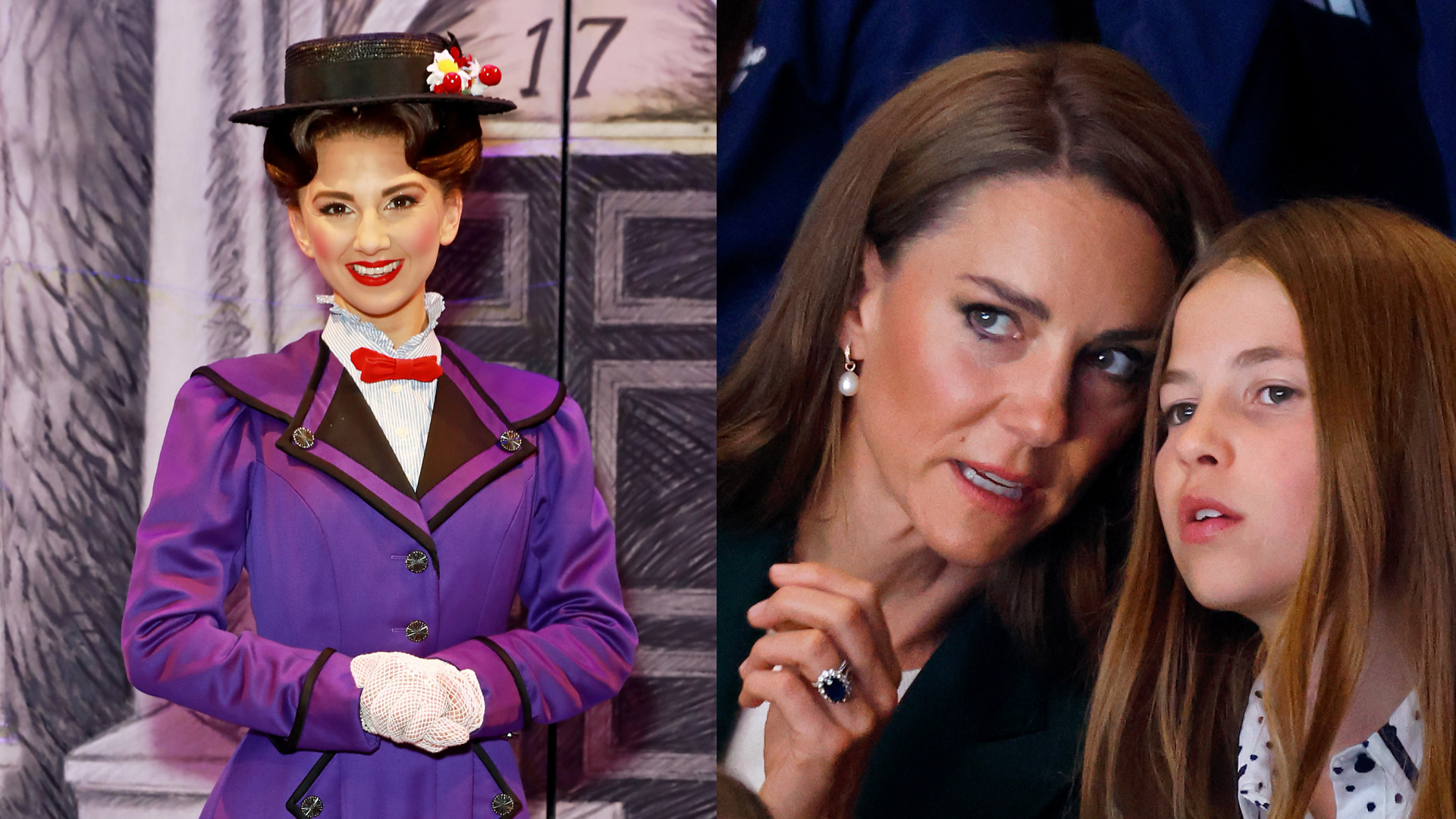 A split image of Zizi Strallen in costume as Mary Poppins and Princess Kate and Princess Charlotte with their heads together at the Commonwealth Games