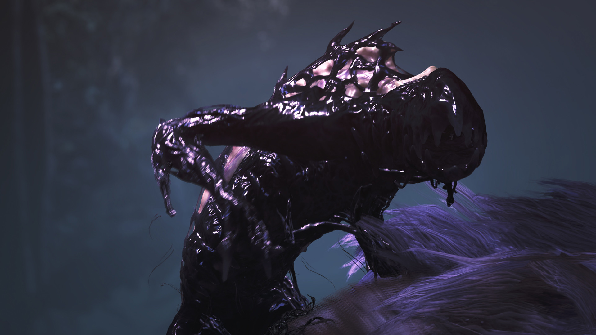 A sickly, lizard-like creature covered in black tar crawls over the dead body of a furry monster, preparing to devour its carcass.