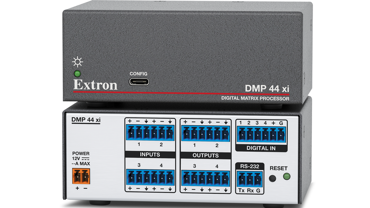 The Extron DMP 44 xi New Compact Audio Matrix Processor.