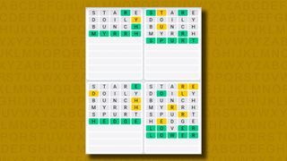 Quordle daily sequence answers for game 879 on a yellow background