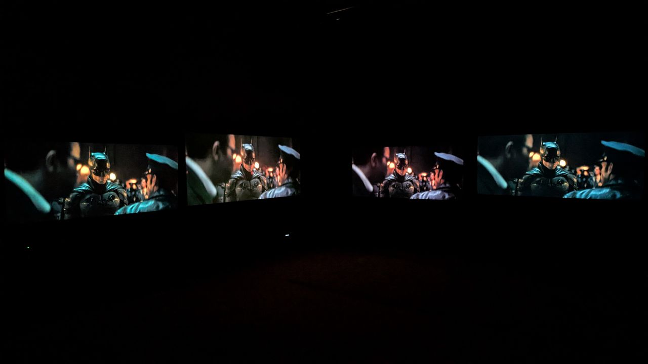Panasonic Z95B (far left) Sony Bravia 8 II (middle left) Samsung S95F (middle right) LG G5 (far right) with The Batman on screen