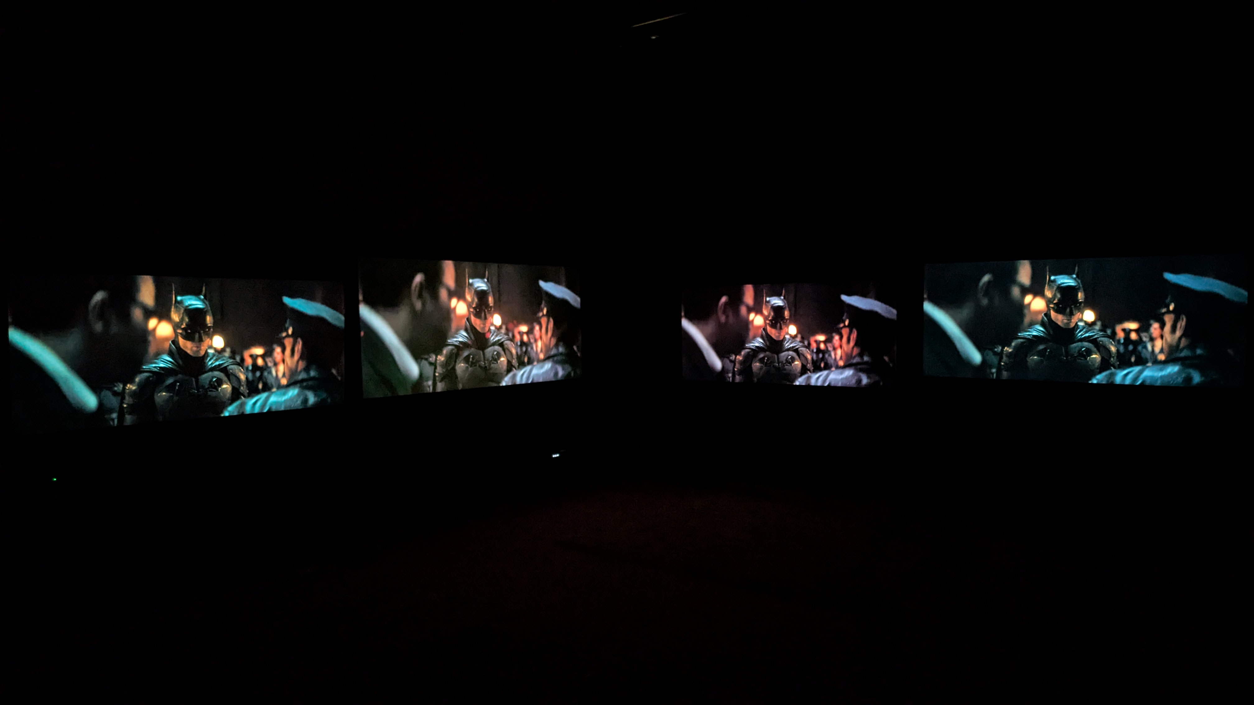 Panasonic Z95B (far left) Sony Bravia 8 II (middle left) Samsung S95F (middle right) LG G5 (far right) with The Batman on screen
