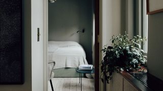 a bedroom and hallway painted with limewash