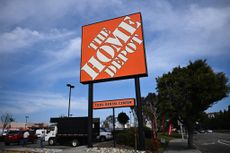 The Home Depot logo is displayed outside the home improvement retail store in Los Angeles, California