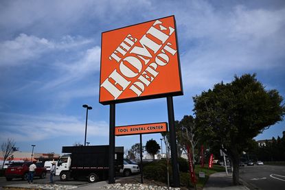 The Home Depot logo is displayed outside the home improvement retail store in Los Angeles, California