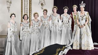 Queen Elizabeth II with her six maids of honour at her Coronation