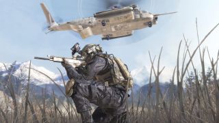 A solider and a helicopter in Modern Warfare 2.