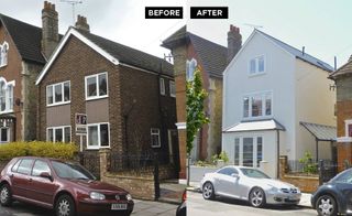 two side by side images, showing the rendering of a 1950s house to give it a new look - to the left is the dark brick house exterior pre-render, and to the right, an image of the all-white house post-render
