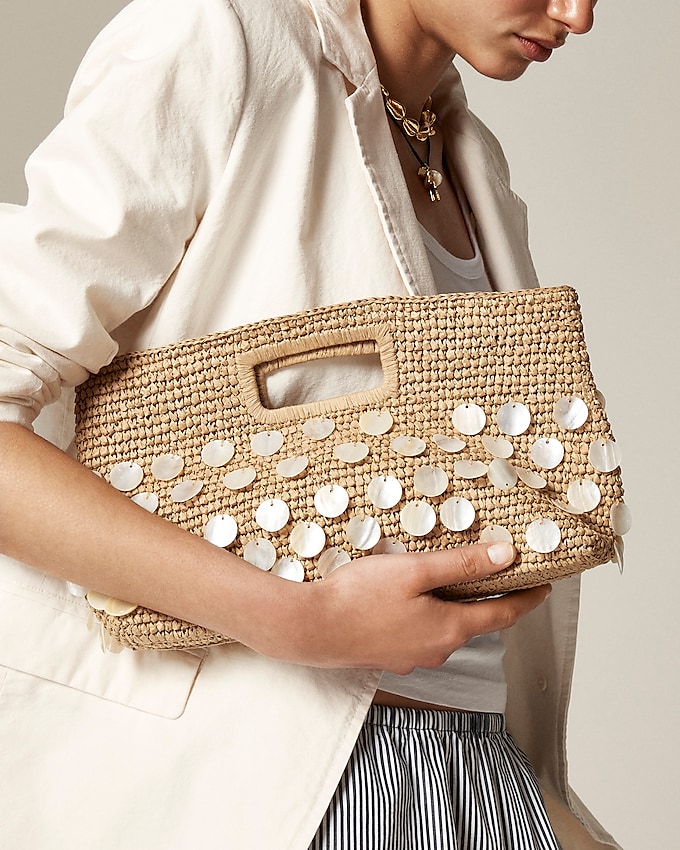 Handknotted Straw Rectangular Clutch With Paillettes