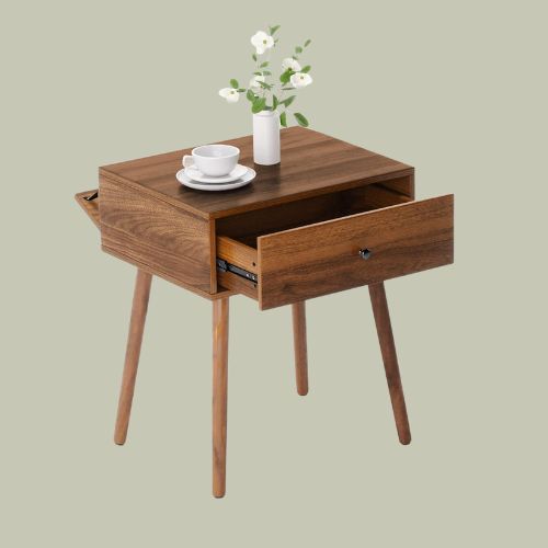Lue Bona Bedside Tables With Hidden Storage, Walnut Wooden Nightstands With Drawer and Shelf, Mid-Century Modern End Tables for Bedroom and Living Room