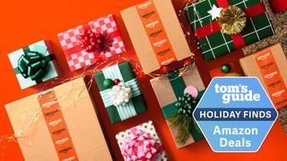 Amazon boxes shown with Christmas wrapping