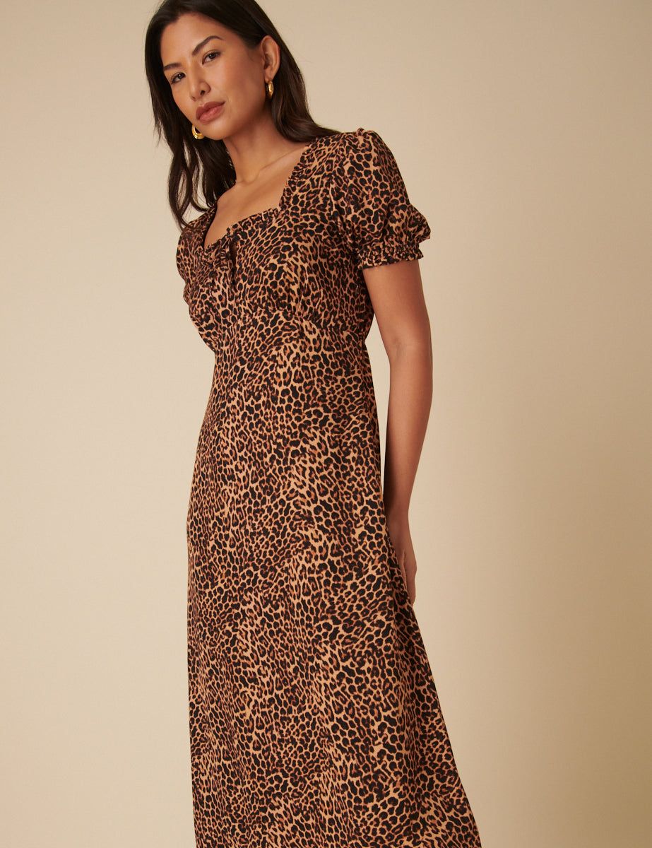 Brown Leopard Print Prarie Midi Dress