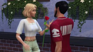 The SIms 4 - One Sim offers a rose to another to flirt.