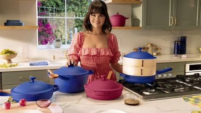 Selena Gomez promotional shot with Our Place Always Pans in cobalt blue colorway