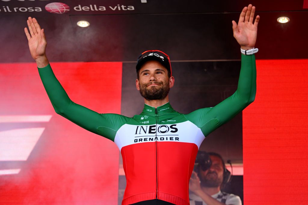 DESENZANO DEL GARDA, ITALY - MAY 18: Filippo Ganna of Italy and Team INEOS Grenadiers celebrates at podium as stage winner during the 107th Giro d&#039;Italia 2024, Stage 14 a 31.2km individual time trial stage from Castiglione delle Stiviere to Desenzano del Garda / #UCIWT / on May 18, 2024 in Desenzano del Garda, Italy. (Photo by Dario Belingheri/Getty Images)