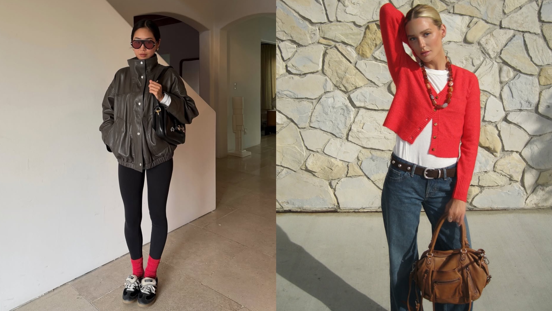 Aimee Song in a funnel-neck jacket; Megan Adelaide in a red cardigan