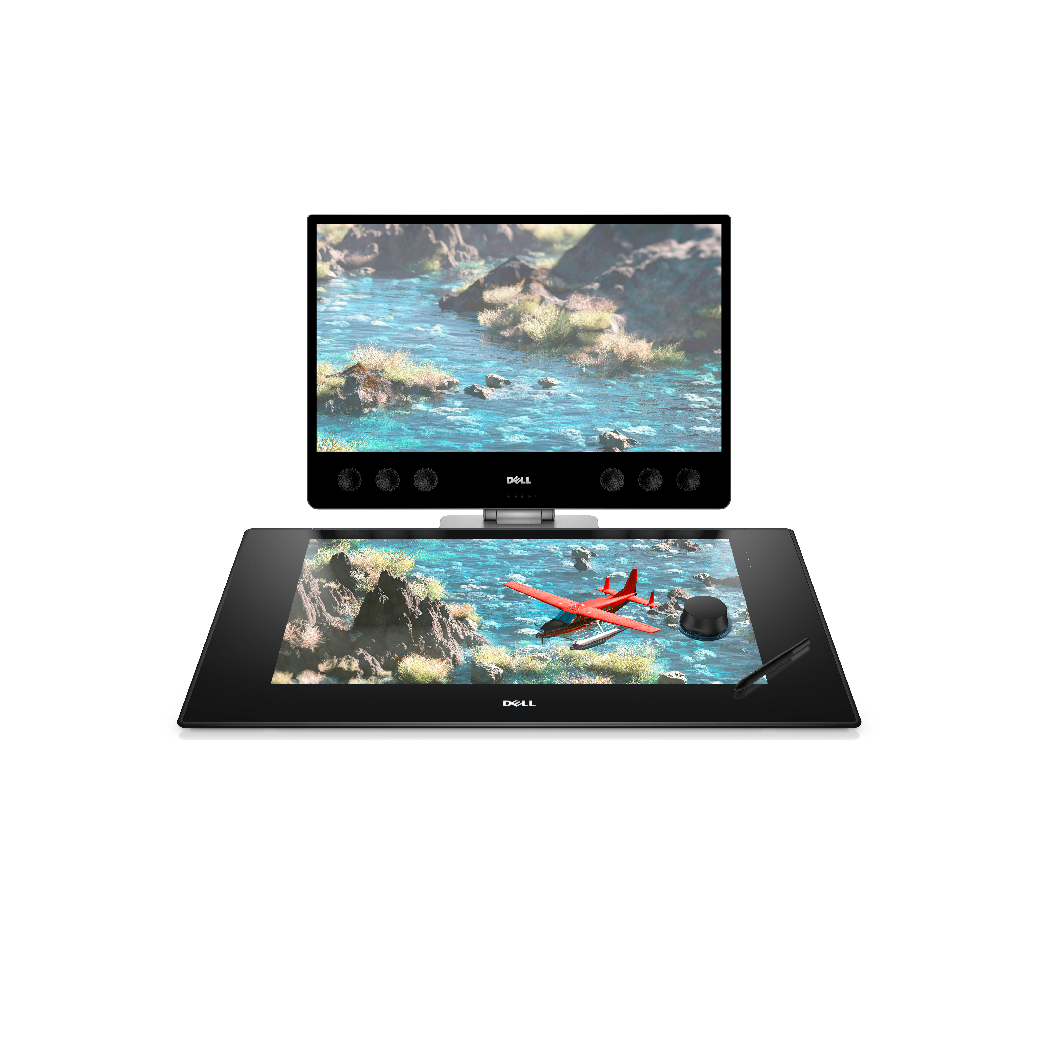 The Dell Canvas, seen here with the new Dell precision 5720 all in one, offers a full interactive screen surface with Microsoft’s new input technology